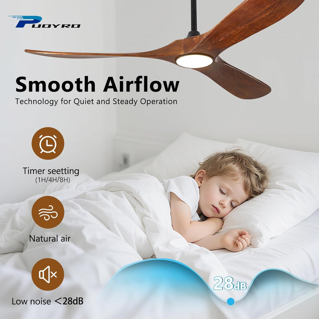 52" Ceiling Fan with Light and Remote, 6-Speed Dimmable Outdoor Ceiling Fan, High CFM Quiet 3 Blade Wood Ceiling Fan