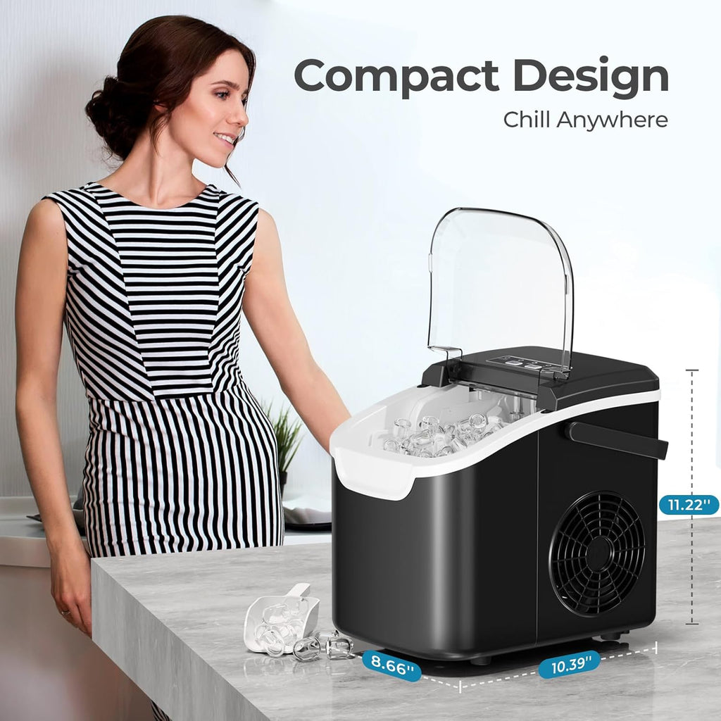 Countertop Ice Maker Machine, 8 Ice Cubes in 6 mins, 26lb/Day Ice with 2 Sizes- Portable Mini, Energy Saving & Basket/Scoop for Home/Party/Travel/Camping/Bar, Dark Black