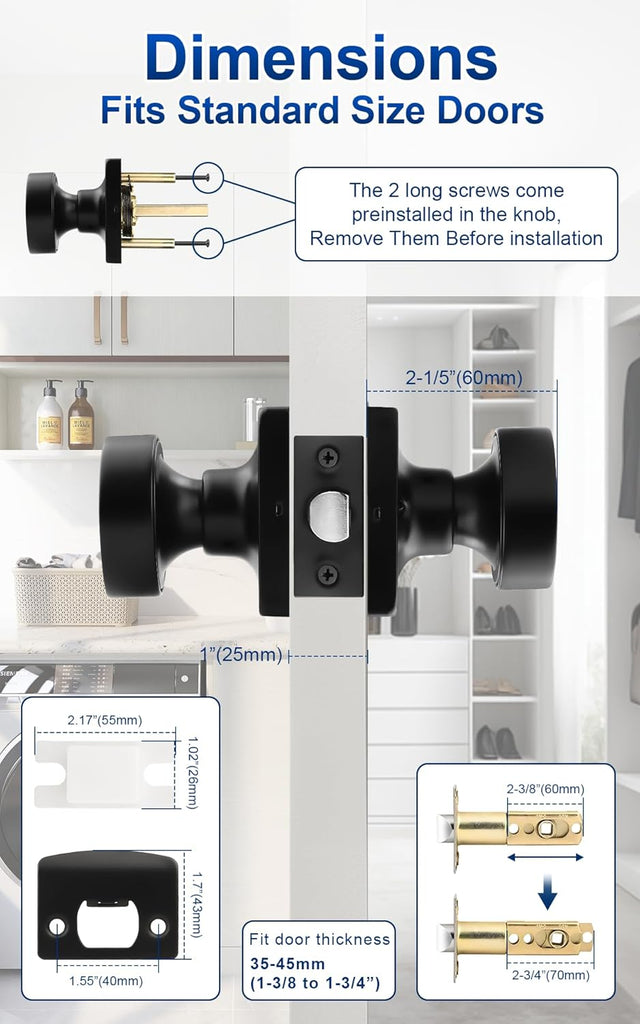 Passage Door Knobs Interior 6 Pack, Matte Black Door Knob Without Lock Inside
