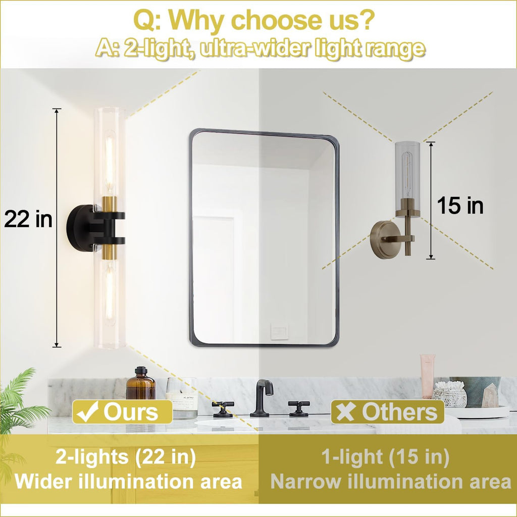 Hardwired Wall Sconces Set of Two, 22" Black and Gold Bathroom Sconces with Clear Glass, Modern Sconces Wall Decor