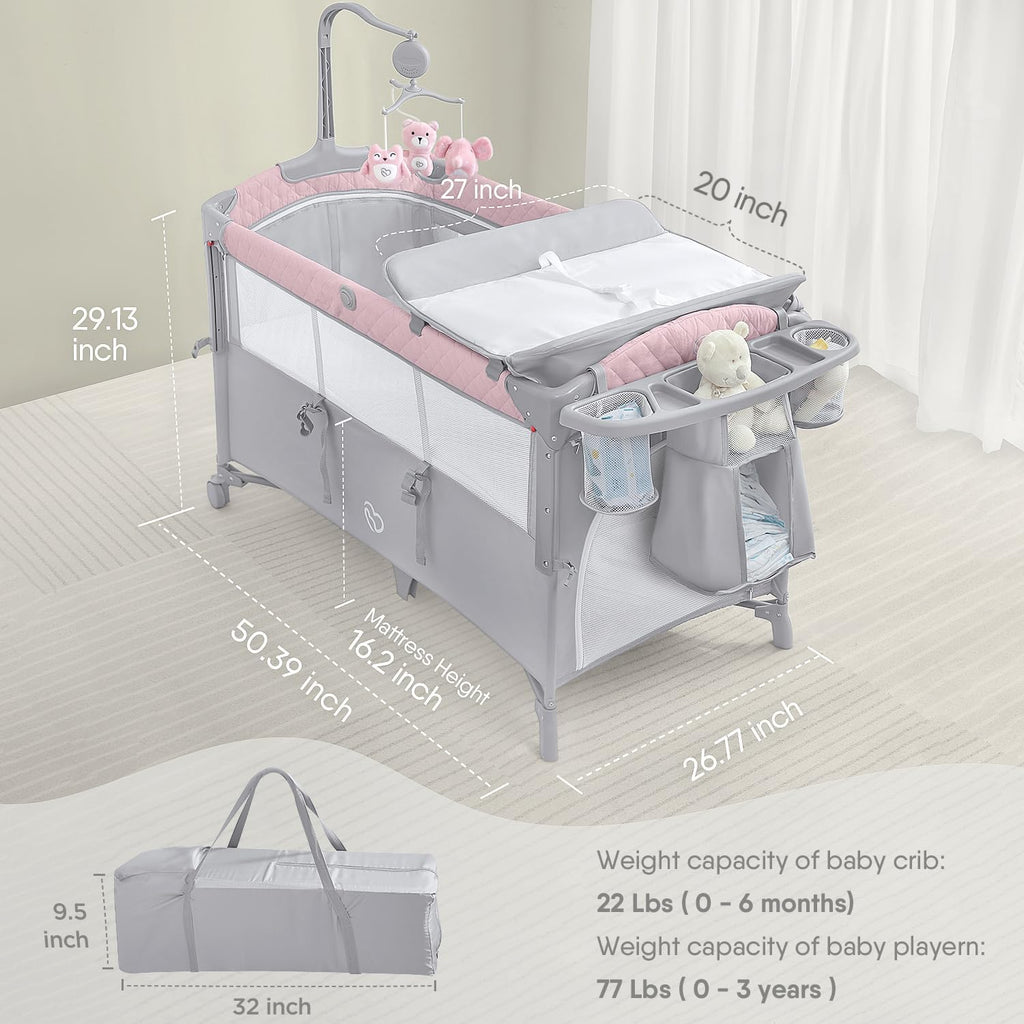 Baby Bassinet Bedside Crib, Pack and Play with Mattress, Diaper Changer and Playards from Newborn to Toddles,Pink
