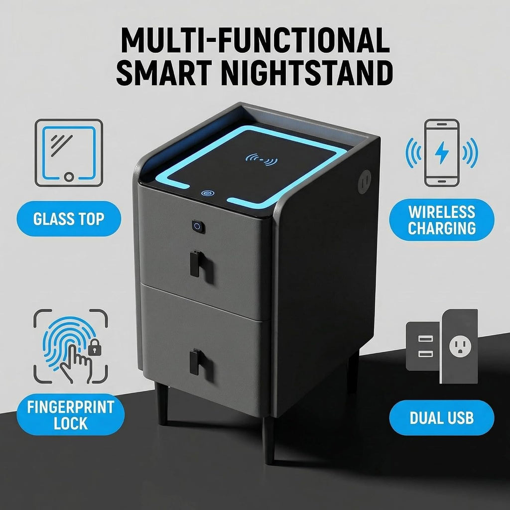 Smart Nightstand with Fingerprint Lock Drawers, Wireless Charging Support, Dual-Drawer Design, 2 USB Ports, and LED
