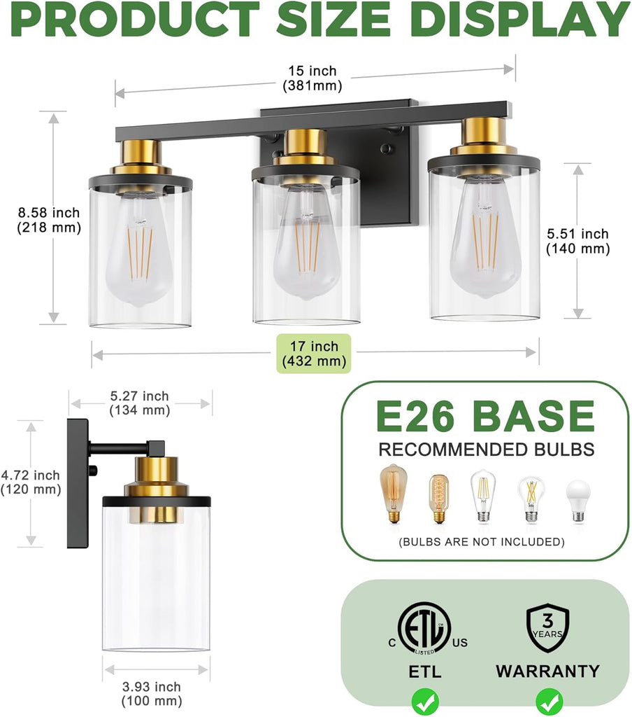 Bathroom Light Fixtures, 3-Light Black and Gold Bathroom Lights Over Mirror with Clear Glass Shade,Vanity Lights