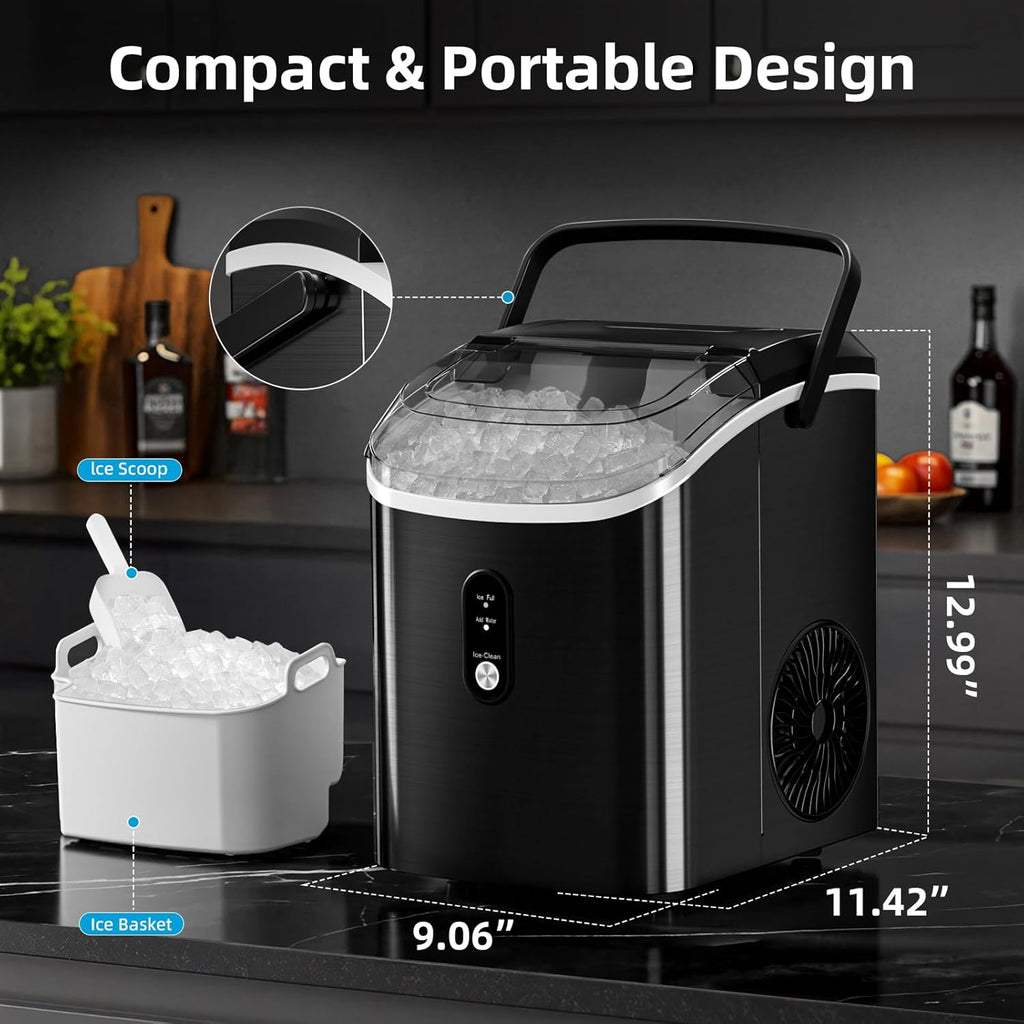Nugget Ice Maker Countertop with Soft Chewable Ice, Portable Sonic Ice Maker with Basket and Scoop, Removable Top