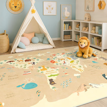 Washable Kids Rug for Playroom - 5x7 Toddlers Room Play Rug, Educational World Map Play Mat with Cut