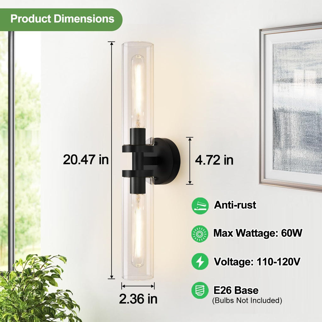 Wall Sconces Set of Two, Hardwired Matte Black Bathroom Sconces Wall Lighting with Clear Glass, Modern Sconces Wall