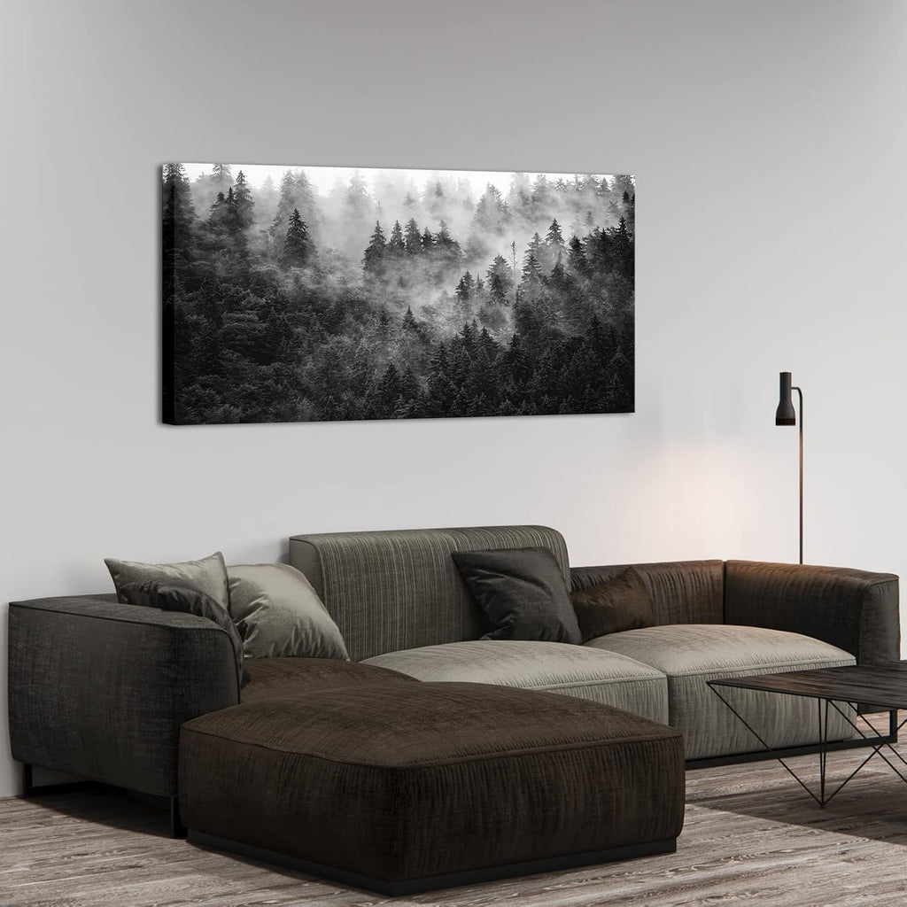 Black and White Misty Foggy Mountain Landscape Canvas Wall Art - Breathtaking Scene of Fir Forest in Hipster Style