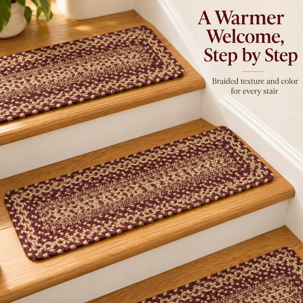 Rustic Trails Jute Stair Tread, Burgundy & Tan, 8x28, Rect.