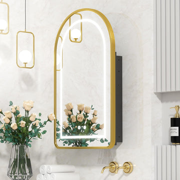 Lighted Arched Medicine Cabinet with LED Mirror, Gold Arched Mirror Cabinet