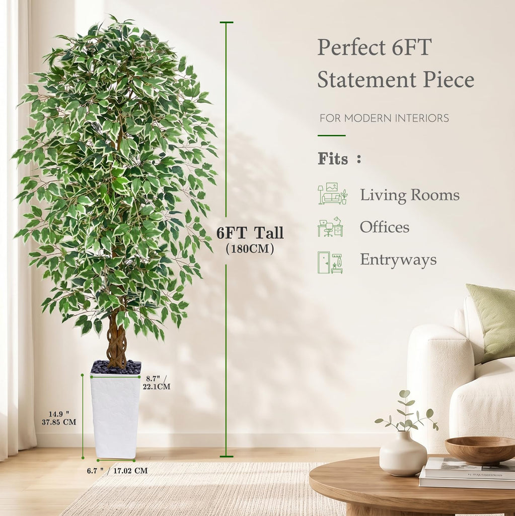 Artificial Ficus Tree 6FT, Large Fake Tree Decor (White Planter)