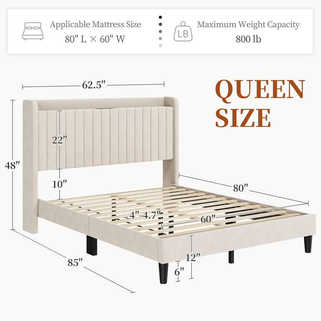 Queen Bed Frame with USB Charging Station and Storage Shelf/Upholstered Headboard Platform Bed with Wing Side/Wooden