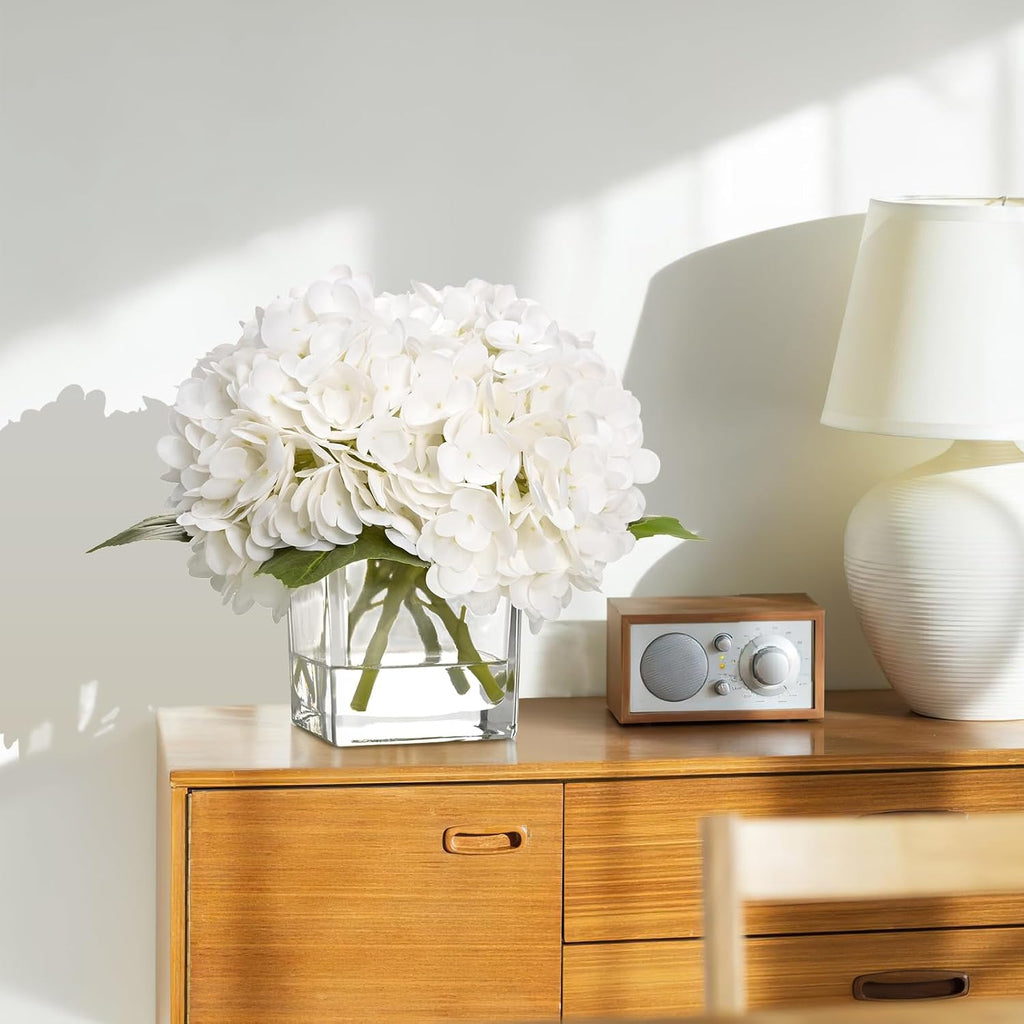 Luxury PU Fake Flowers in Vase with Faux Water, White Real Touch Hydrangea Artificial Flowers with Glass Vase Home