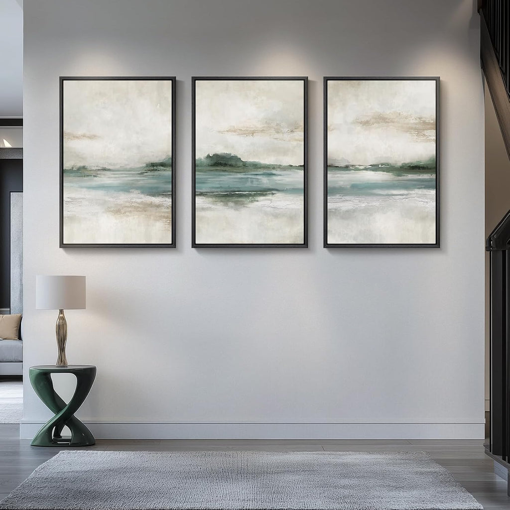 Large Framed Abstract Nature Landscape Wall Art , Set of 3 Modern Canvas Prints Paintings Artwork for Walls, Green
