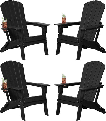 Folding Adirondack Chair Set of 4, Cup Holder,Wooden Textured ,Heavy All-Weather HDPE Comfortable Set Poolside