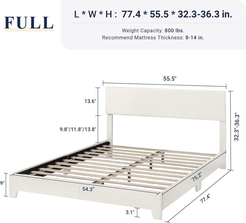 Full Bed Frame with Adjustable Headboard, Faux Leather Platform Bed with Wood Slats, Heavy Duty Mattress Foundation