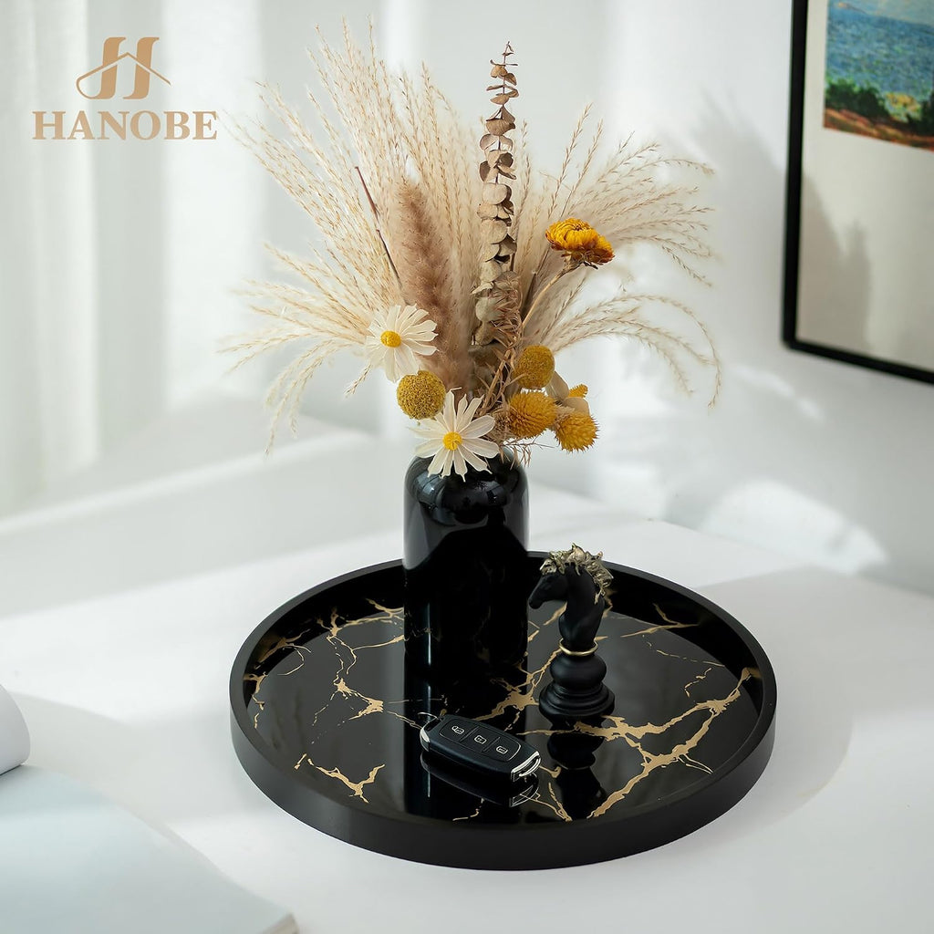 Decorative Tray Decor Round Serving Trays for Coffee Table | 11.8" Modern Black Imitation Marble Tray for Table