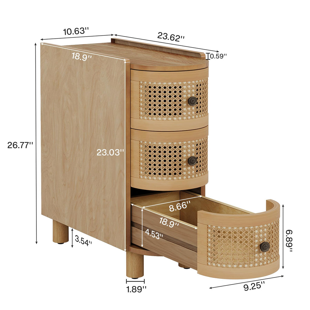 Solid Wood, 3-Drawer Rattan Side Table, Night Stand with 3 Rattan Drawers and Exquisite Embossed Handles, No