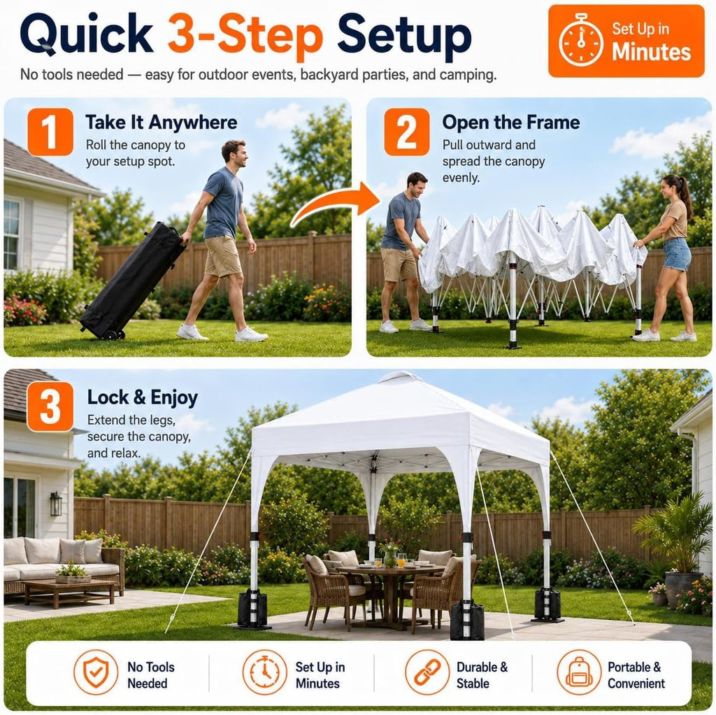 10x10ft Pop Up Canopy Tent Built-in Solar LED Lights UPF 50+, White