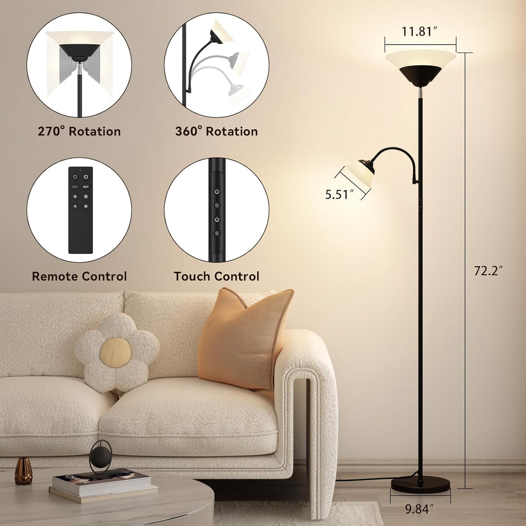 2-in-1 Torchiere Floor Lamp, 34W Super Bright LED Standing Lamp with Remote & Touch Control