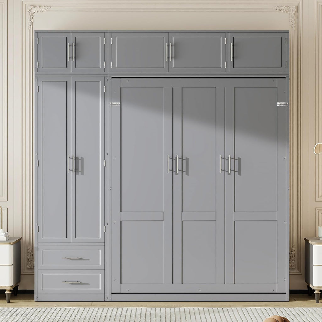Queen Murphy Bed with Shelves, Top Cabinet and Wardrobe, Fold into The Wall, Multifunctional Foldable Platform Bed