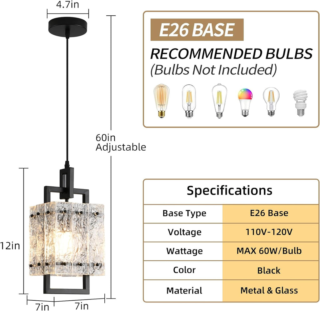 Black Pendant Light Fixtures Modern Pendant Lights Kitchen Island Water Ripple Glass Square Pendant Light Adjustable