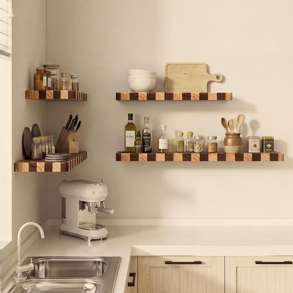 Floating Shelves for Wall, Solid Checkered Wood Wall Shelves 16 Inch | Heavy-Duty, Invisible Bracket, Solid Wood