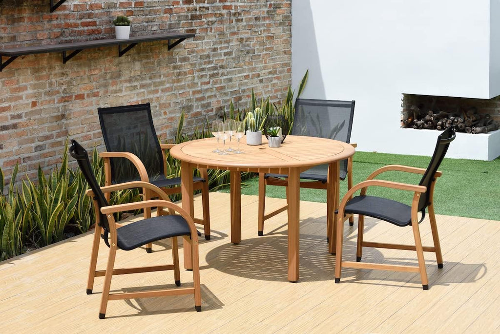 Adelaide Eucalyptus Patio Dining Set | Teak Finish | Durable and Ideal for Outdoors, Round 5-Piece