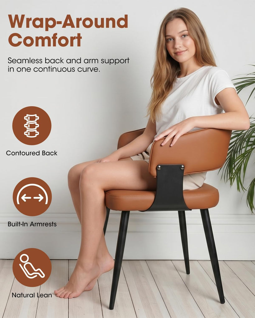 Dining Chairs Set of 2, Modern Upholstered PU Leather Kitchen & Dining Room Chairs with Curved Open Back Metal Legs