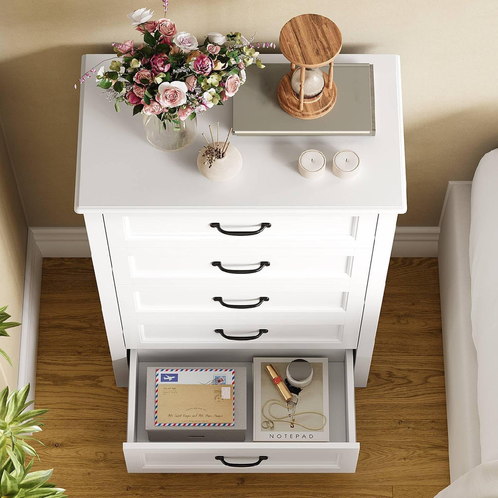 5 Drawer Dresser, White Wood Chest of Drawers , 43.3" Large Capacity Storage Cabinet with Anti-Tip Device, for