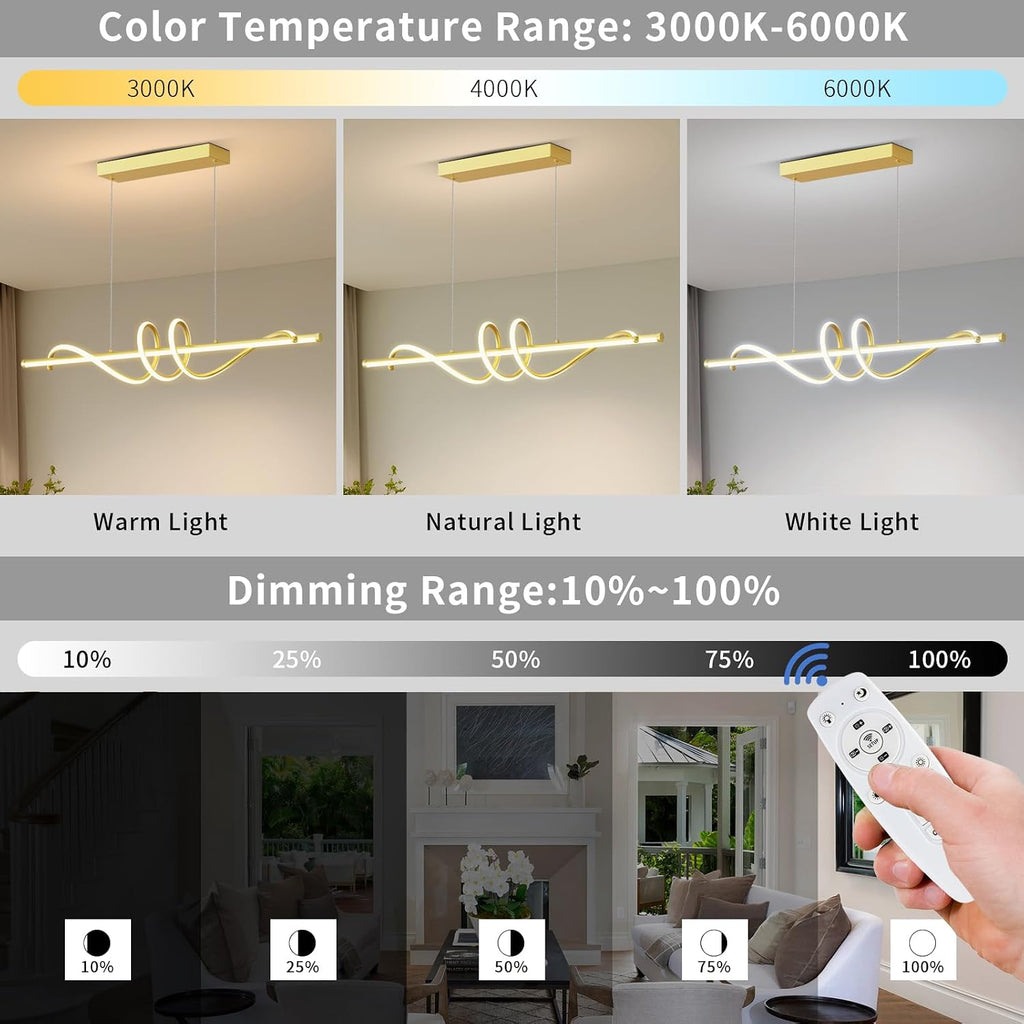 Modern LED Pendant Lights, 39in Gold Chandelier Dimmable with Remote Control 3000k-6000K Adjustable Color