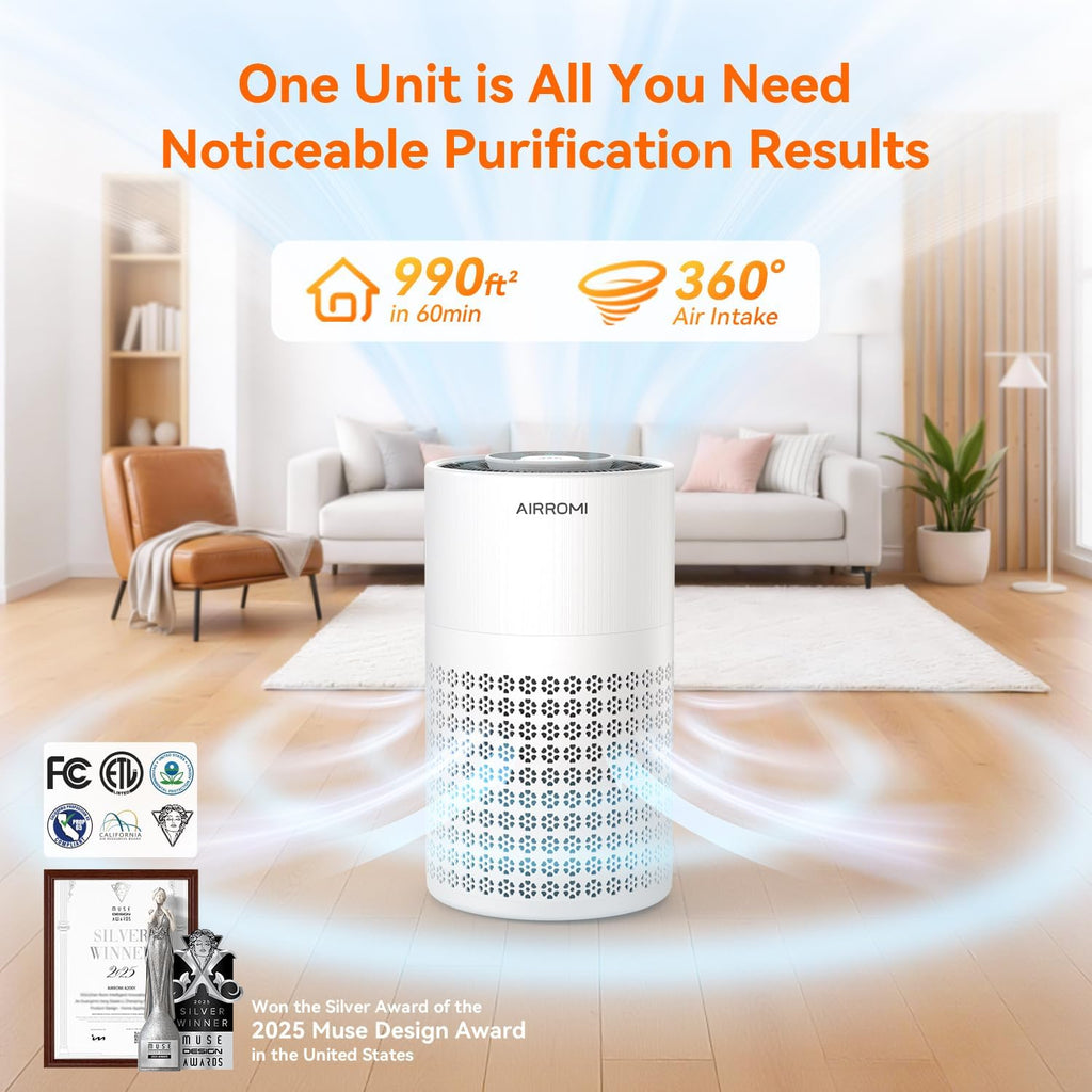 Air Purifier for Bedroom with HEPA 3-in-1 Filter, Pet Air Purifier for Home Cat Pee Smell, Covers Up