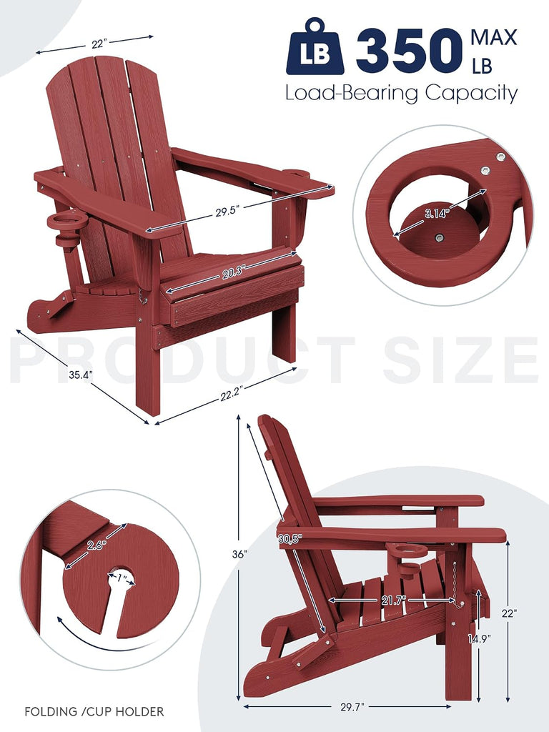 Folding Adirondack Chair Set of 2 with 2 Cup Holders, Red | HDPE Composite | Waterproof | Wood Grain | Hidden Cup &