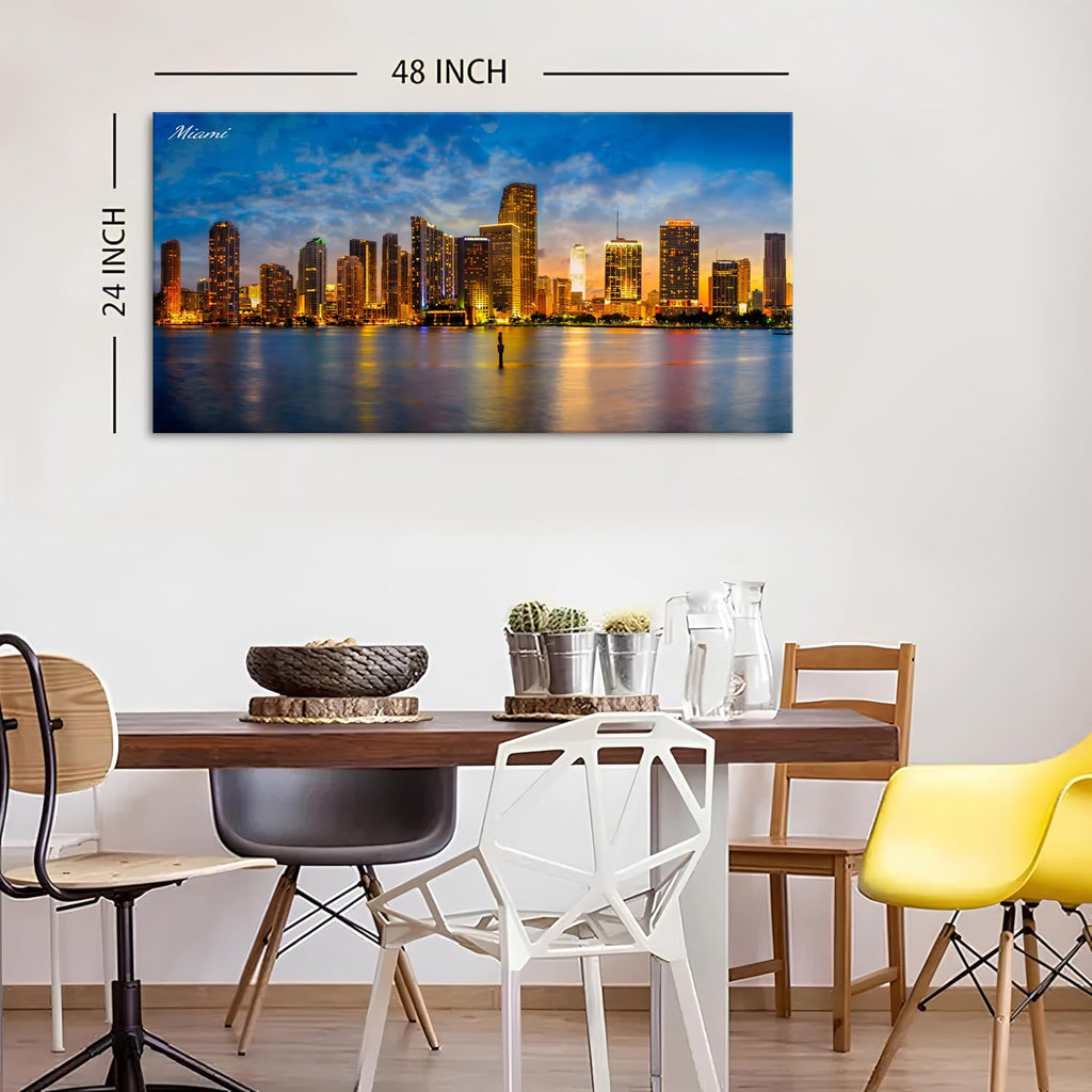 Florida Miami Canvas Wall City Skyline Poster Modern Cityscape Canvas Prints Picture Office Decorations Blue Night