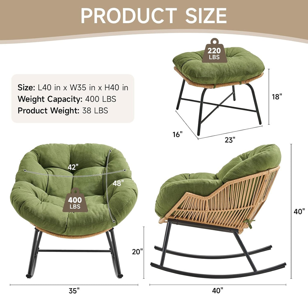 Papasan Rocking Chair with Ottoman, Oversized Papasan Chair, Olive Green | Indoor & Outdoor Rocker Chair with Padded