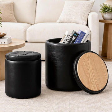 Round Ottoman with Storage Set of 2, 12.6" W x 14.17" H & 14.76" W x 17.32" H Faux Footstool Storage Ottomans Padded