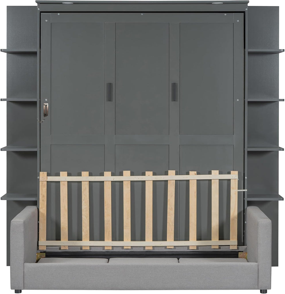 Queen Murphy with Sofa and Shelves for Bedroom or Guestroom Wall Bed Space Saving Hidden Bed,No Need Fix to The