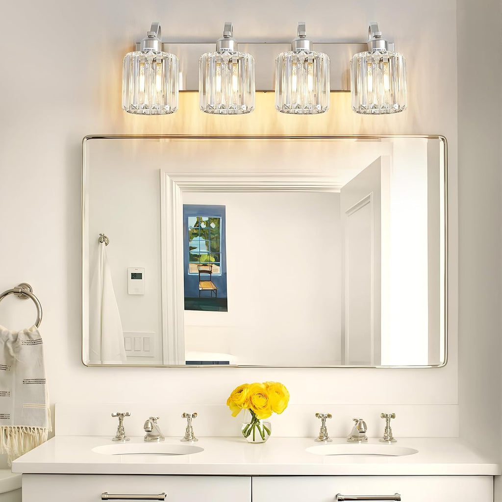4 Lights Brushed Nickel Vanity Light Crystal Wall Light Bathroom Light Fixtures with Round Shade (Exclude Bulb)
