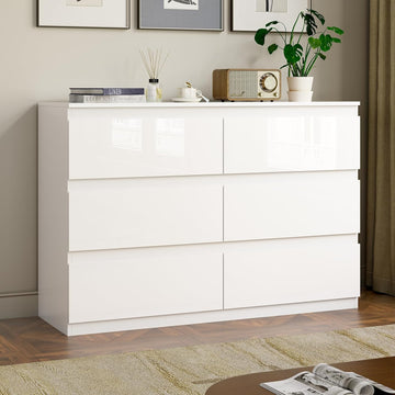 White Dresser Wood 6 Drawer Modern High Gloss | 47" Wide, Handle-Free, long, TV Stand, Storing CLothes, Dressers &