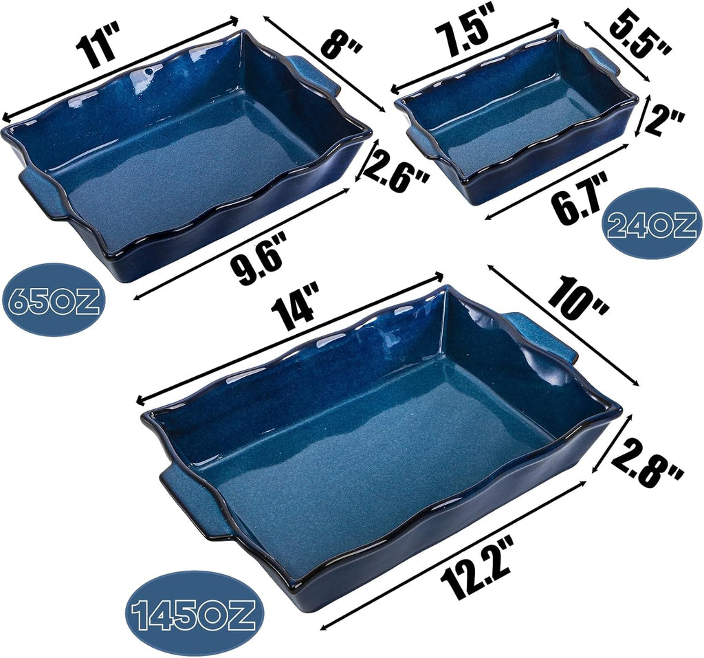 3 Pack Casserole Dishes for Oven, Ceramic Dishes with Handles, Heavy Duty Rectangular Lasagna Pan, Porcelain Bakeware