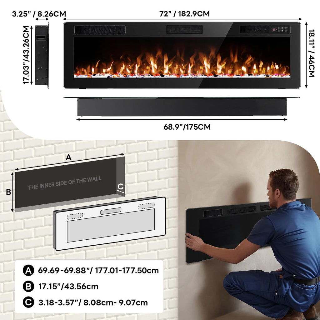 72 Inch Electric Fireplace Ultra-Thin Wall Mounted Fireplace