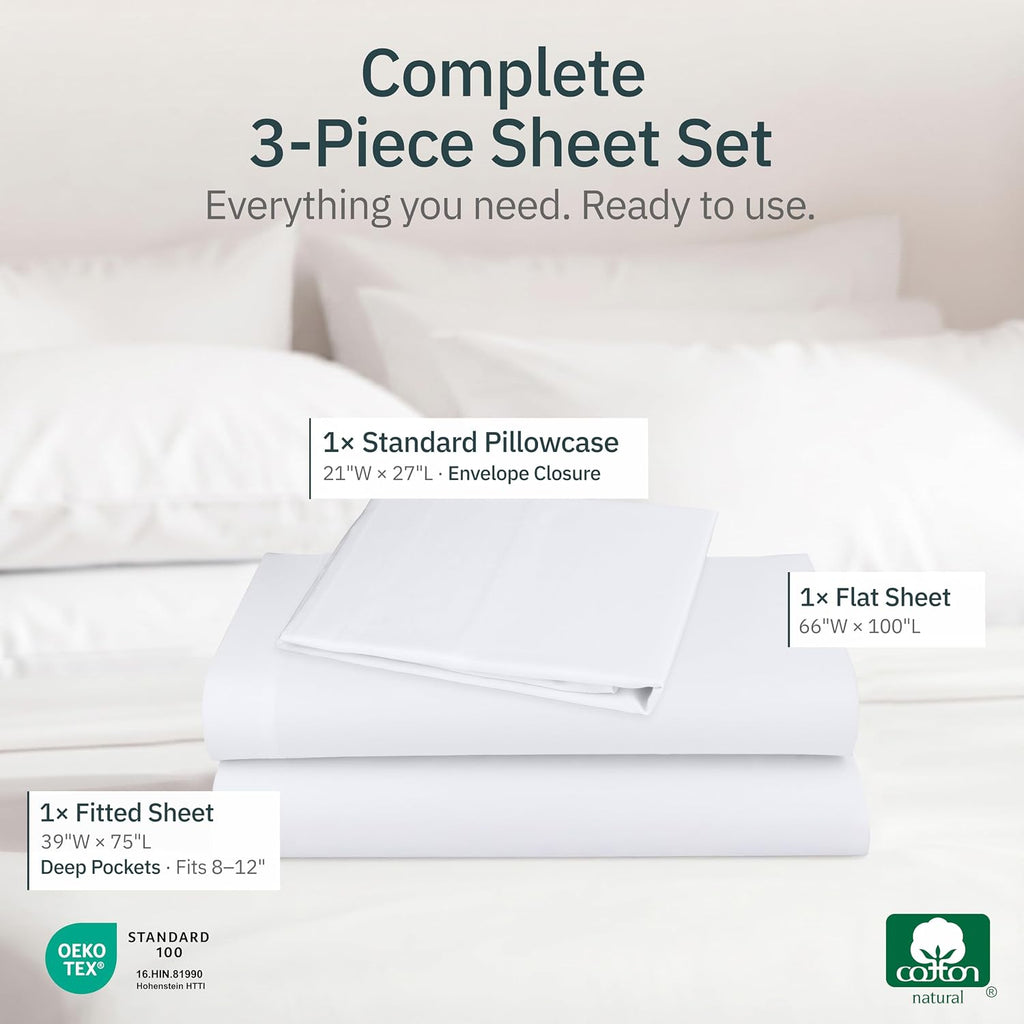 Super Soft 100% Cotton Twin Sheets, 3 Pc Set, White