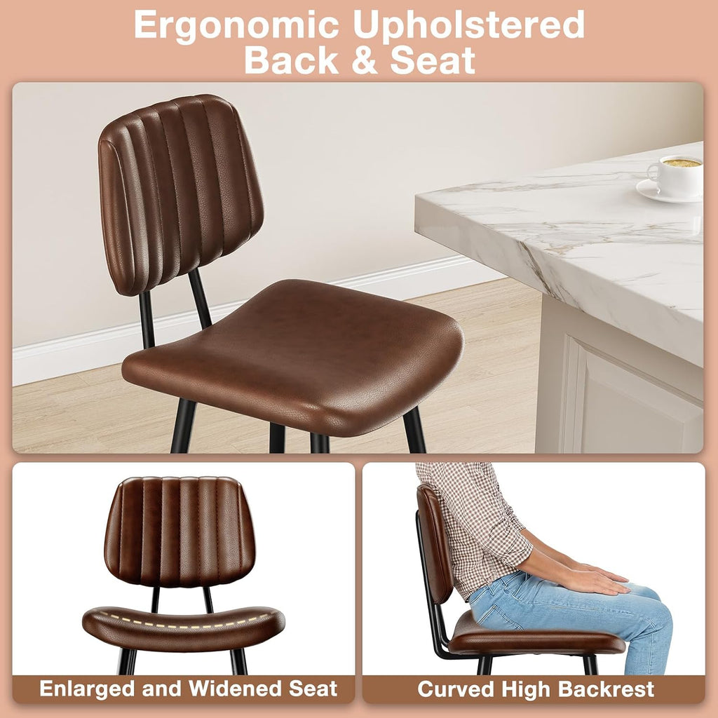 24-Inch Leather Bar Stools Set of 3, Counter Height Barstools with High Backrest，Bar Chairs Island with Heavy Duty
