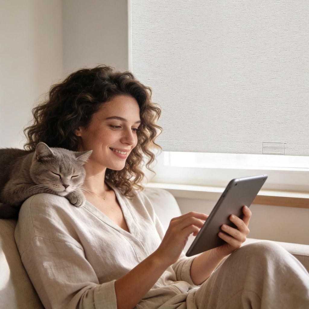 Natural Woven Roller Shades for Indoor Windows, Cordless Blackout Blinds with Curved Valance, Thermal Insulated UV