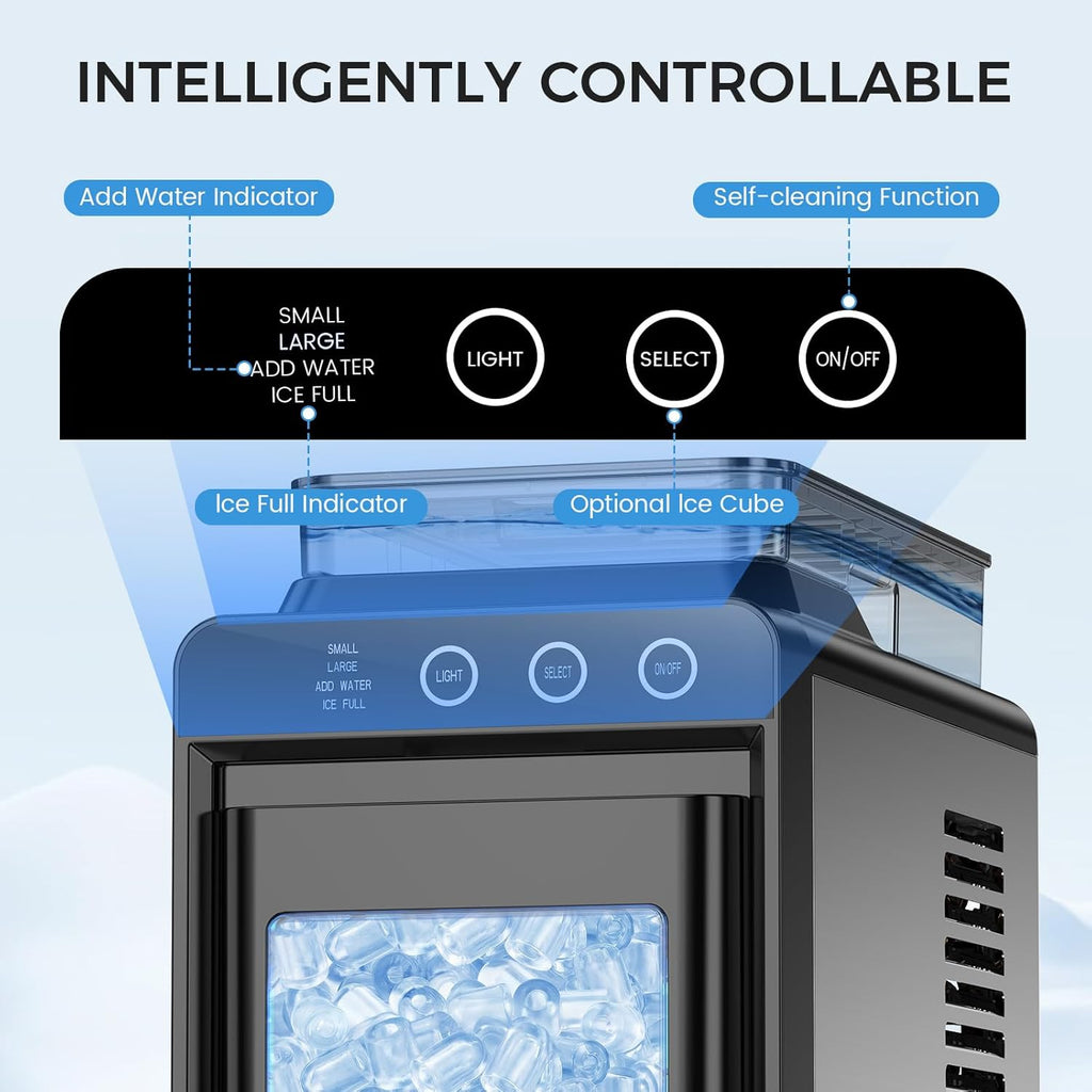 Ice Maker Countertop, Portable Ice Machine with External Water Tank, 8 Cubes in 6 Mins, 26 lbs/24Hrs, Self-Cleaning