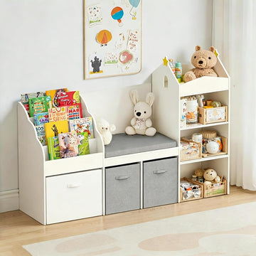 Kids Bookshelf with Reading Nook & Toy Storage, 4 Cube Bookcase with 4-Tier Book Racks, 3 Movable Fabric Drawers and