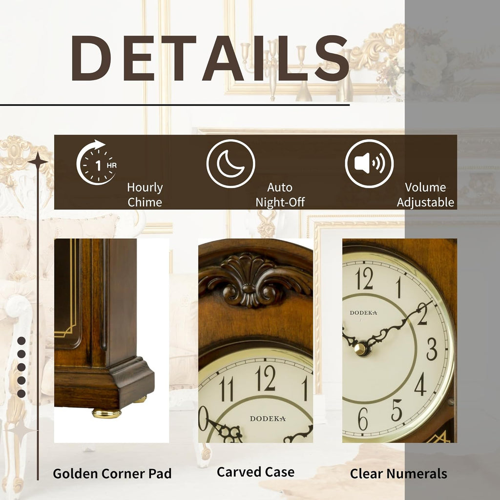 Wooden Mantel Clock TCW004DB Pendulum Carved Case Hourly Chime Classic Melody Antique Style for Fireplace