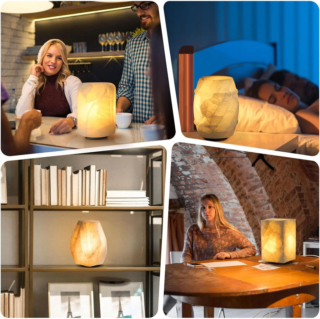 Natural Calcite Stone Table Lamp, Handcrafted Solid Stone Lamp with Unique Crystal Texture, Dimmable 3-Color LED