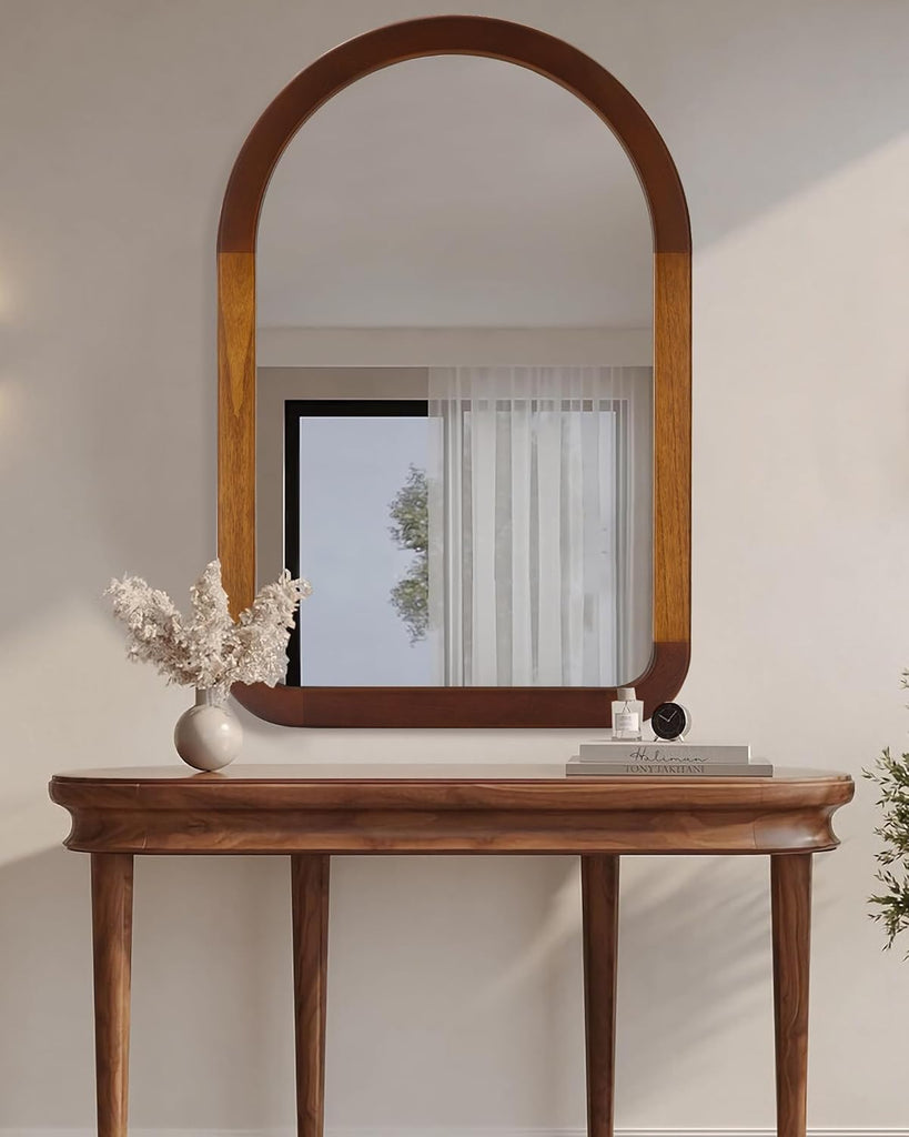 Arched Mirror 24 x 36 Inch,Brown Wood Rustic Bathroom Tempered Wall Mirror with Wood Frame,Round Corner Arch Farmhouse