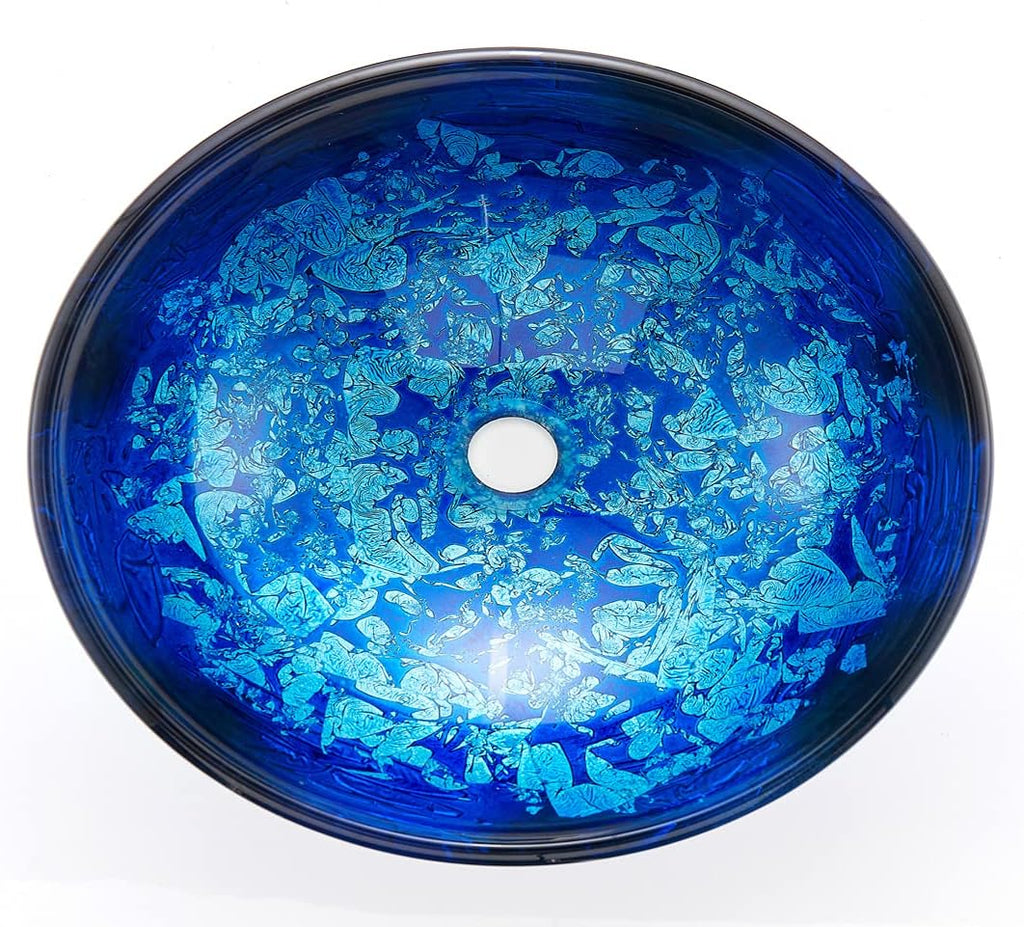 Blue OceanMystery Series Tempered Deco Glass Vessel Bathroom Sink in Starry Blue | Top Mount Sinks Above Countertop |
