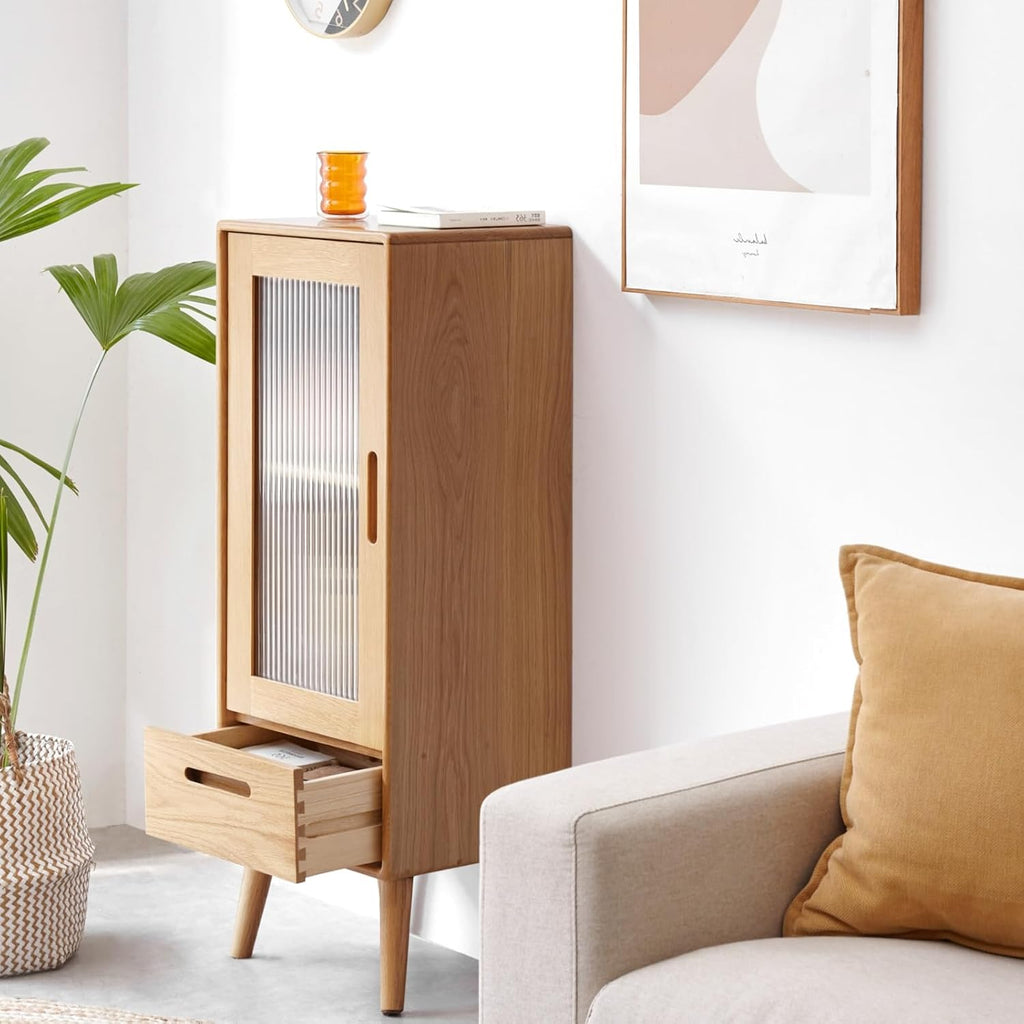 100% Solid Wood Small Storage Cabinet, Pantry Cabinets Storage with Shelves and Drawer, Accent Cabinet with Glass
